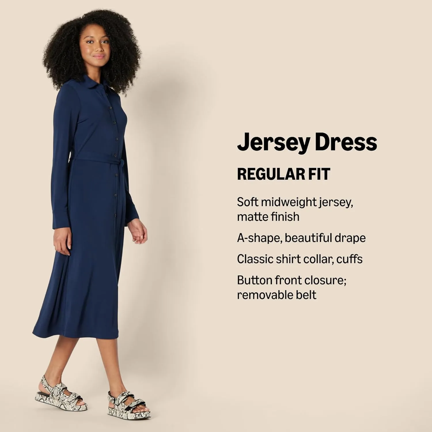 Amazon Essentials Women's Regular-Fit Matte Jersey Midi Length Dress