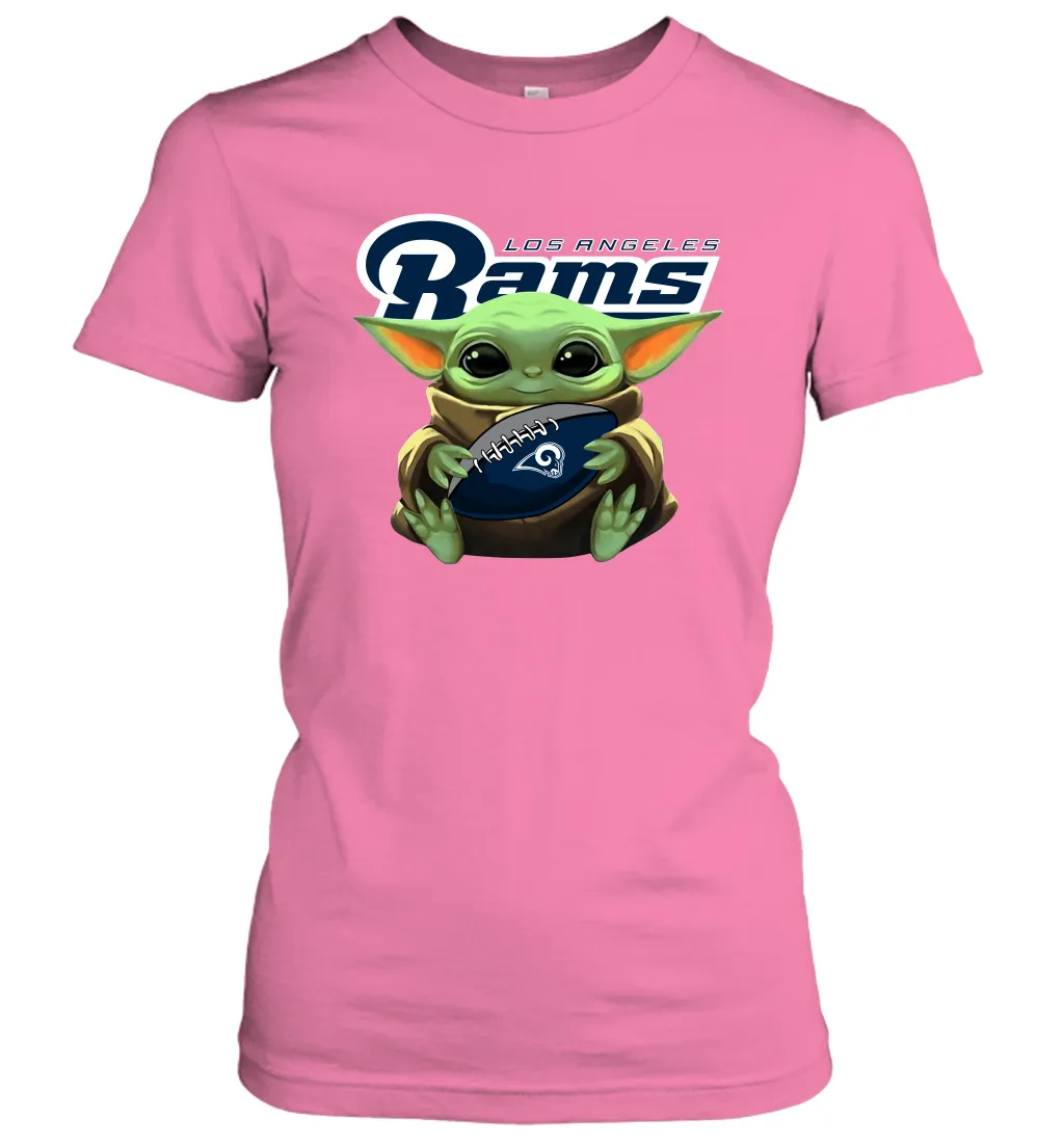 Baby Yoda Loves The Los Angeles Rams Star Wars Baby Yoda Hugs Rams NFL Womens T-Shirt