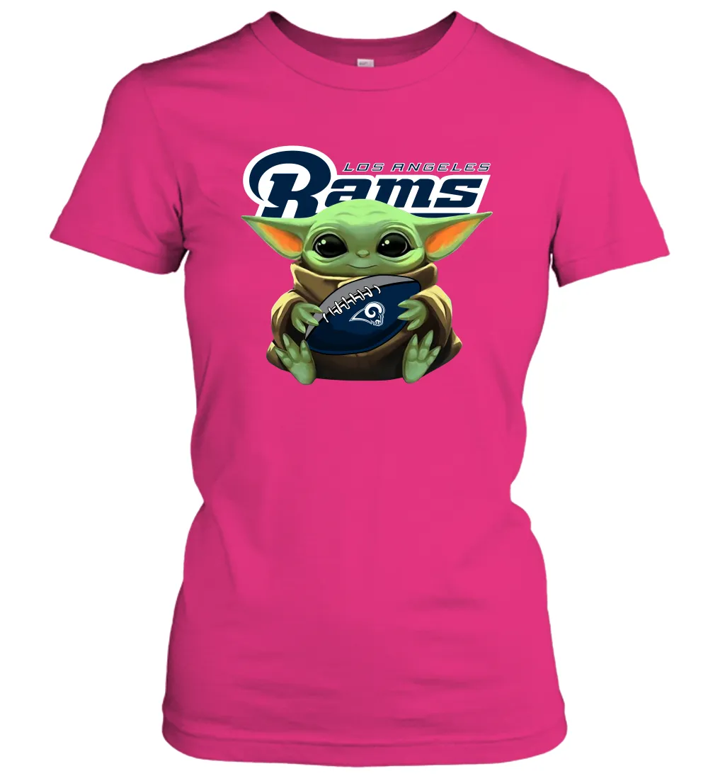 Baby Yoda Loves The Los Angeles Rams Star Wars Baby Yoda Hugs Rams NFL Womens T-Shirt