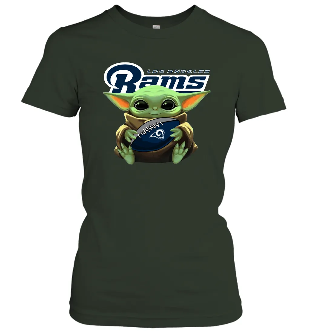 Baby Yoda Loves The Los Angeles Rams Star Wars Baby Yoda Hugs Rams NFL Womens T-Shirt