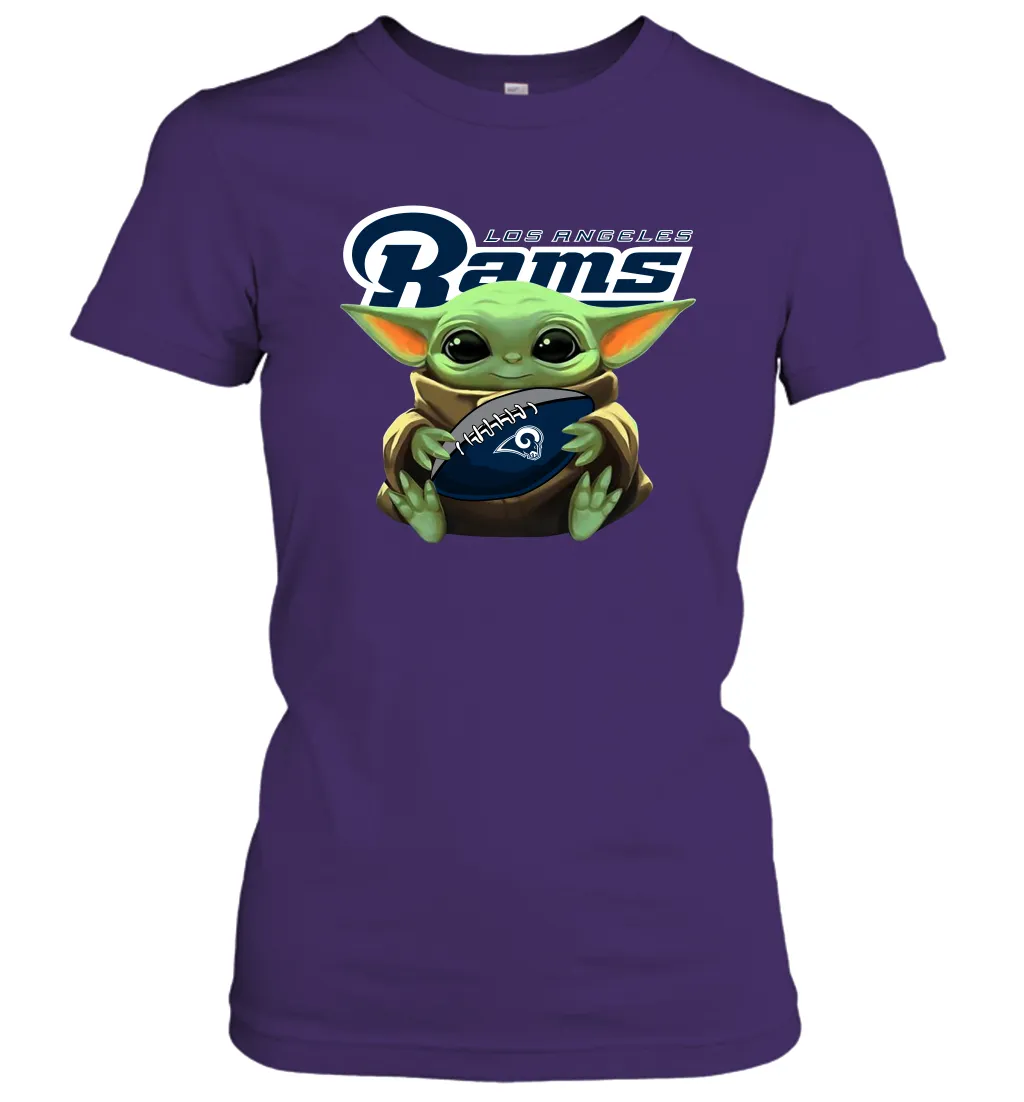 Baby Yoda Loves The Los Angeles Rams Star Wars Baby Yoda Hugs Rams NFL Womens T-Shirt