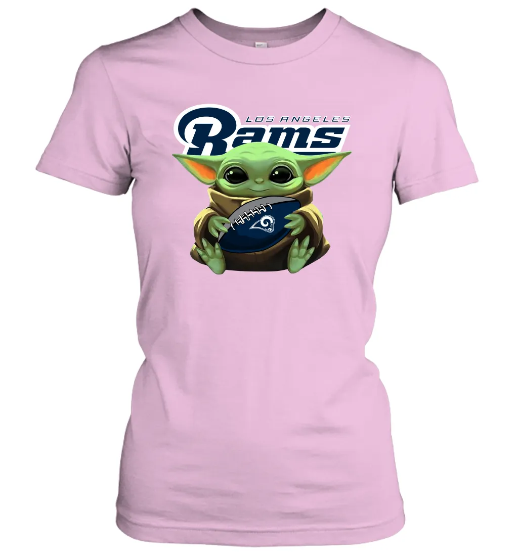 Baby Yoda Loves The Los Angeles Rams Star Wars Baby Yoda Hugs Rams NFL Womens T-Shirt