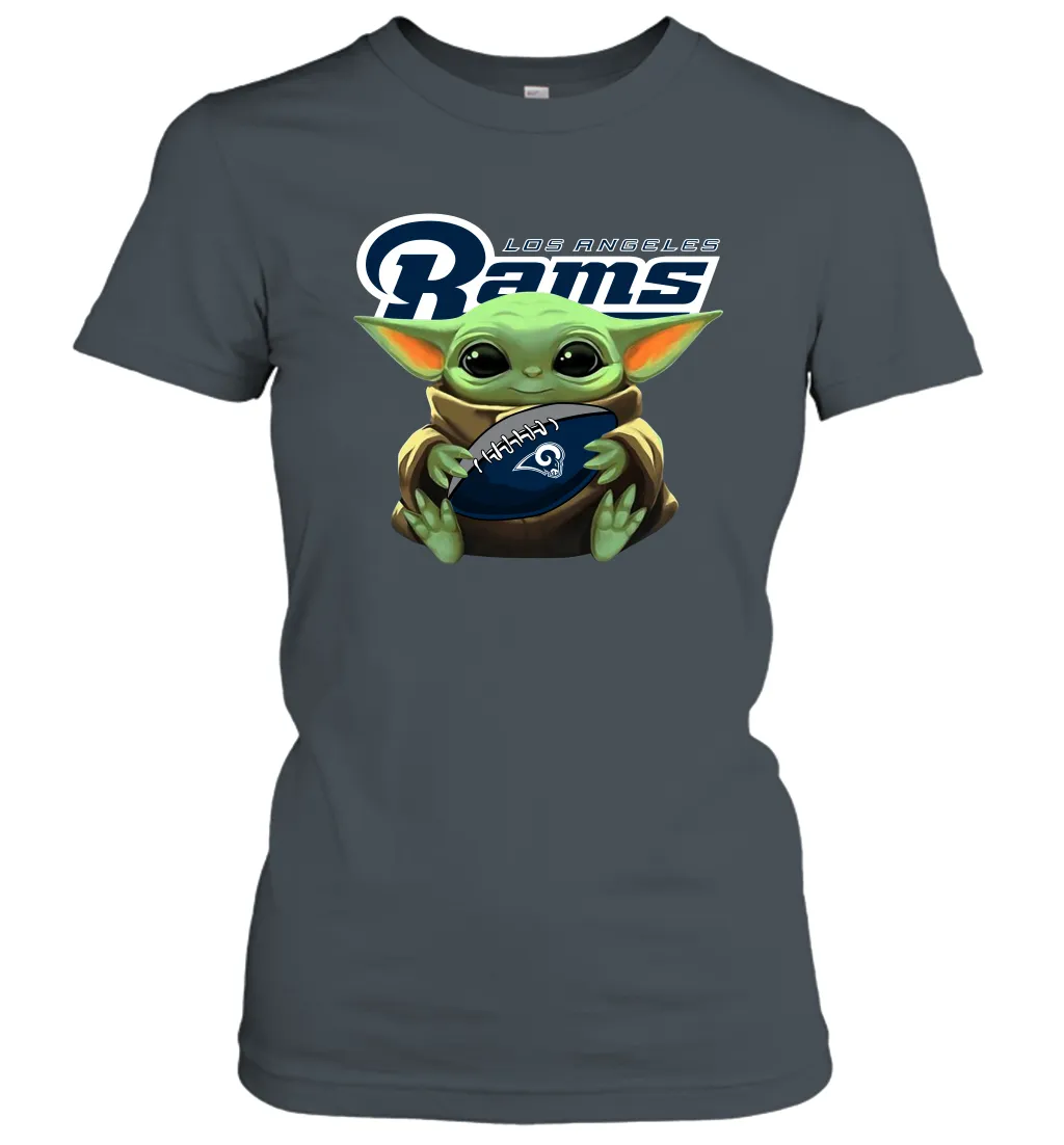 Baby Yoda Loves The Los Angeles Rams Star Wars Baby Yoda Hugs Rams NFL Womens T-Shirt
