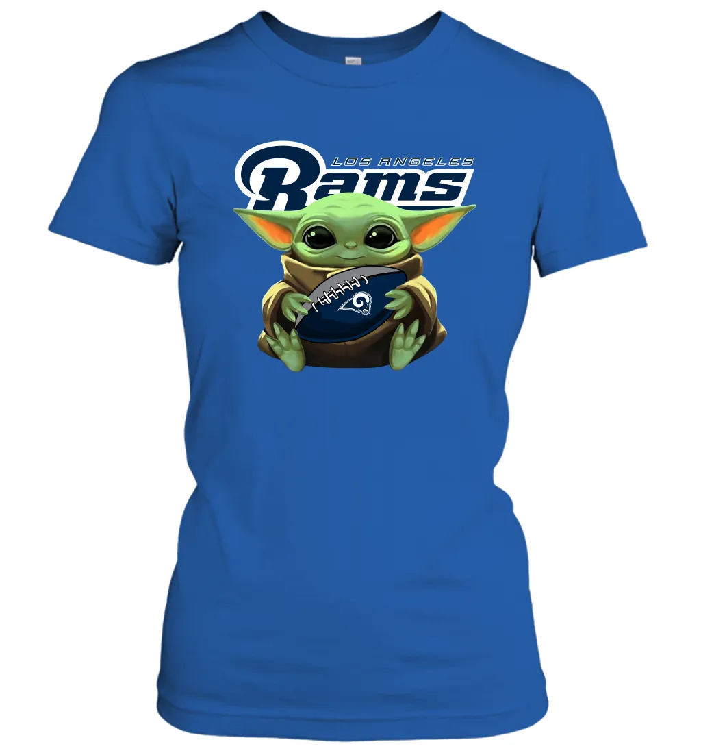 Baby Yoda Loves The Los Angeles Rams Star Wars Baby Yoda Hugs Rams NFL Womens T-Shirt