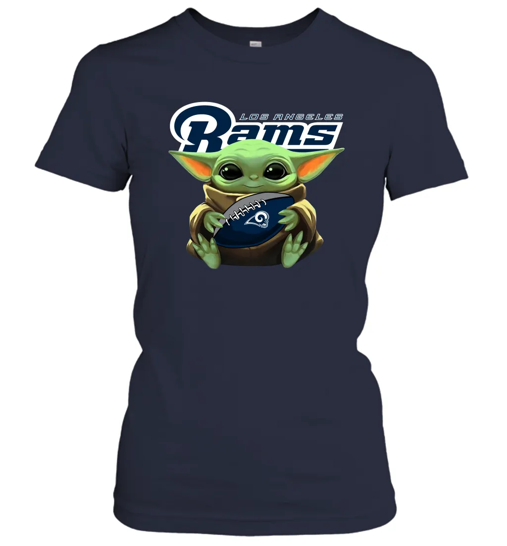 Baby Yoda Loves The Los Angeles Rams Star Wars Baby Yoda Hugs Rams NFL Womens T-Shirt