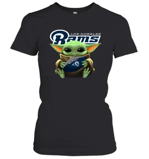 Baby Yoda Loves The Los Angeles Rams Star Wars Baby Yoda Hugs Rams NFL Womens T-Shirt