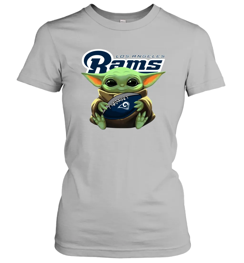 Baby Yoda Loves The Los Angeles Rams Star Wars Baby Yoda Hugs Rams NFL Womens T-Shirt