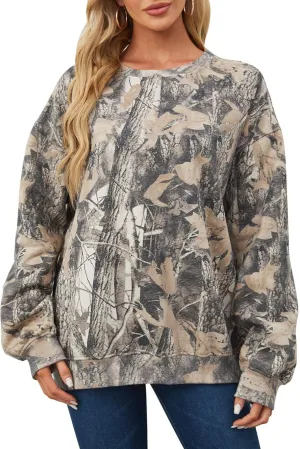 Camo Sweatshirt for Women,Maple Leaf Print Oversized Sweatshirt for Women,Womens Camo Crewneck Sweatshirt