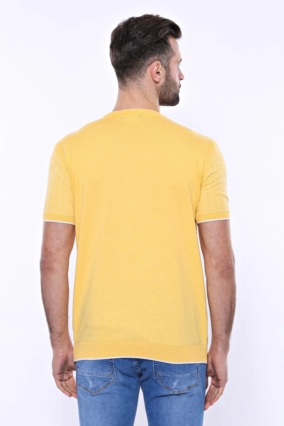 Circle Neck Patterned Yellow Knitted T-Shirt - Wessi