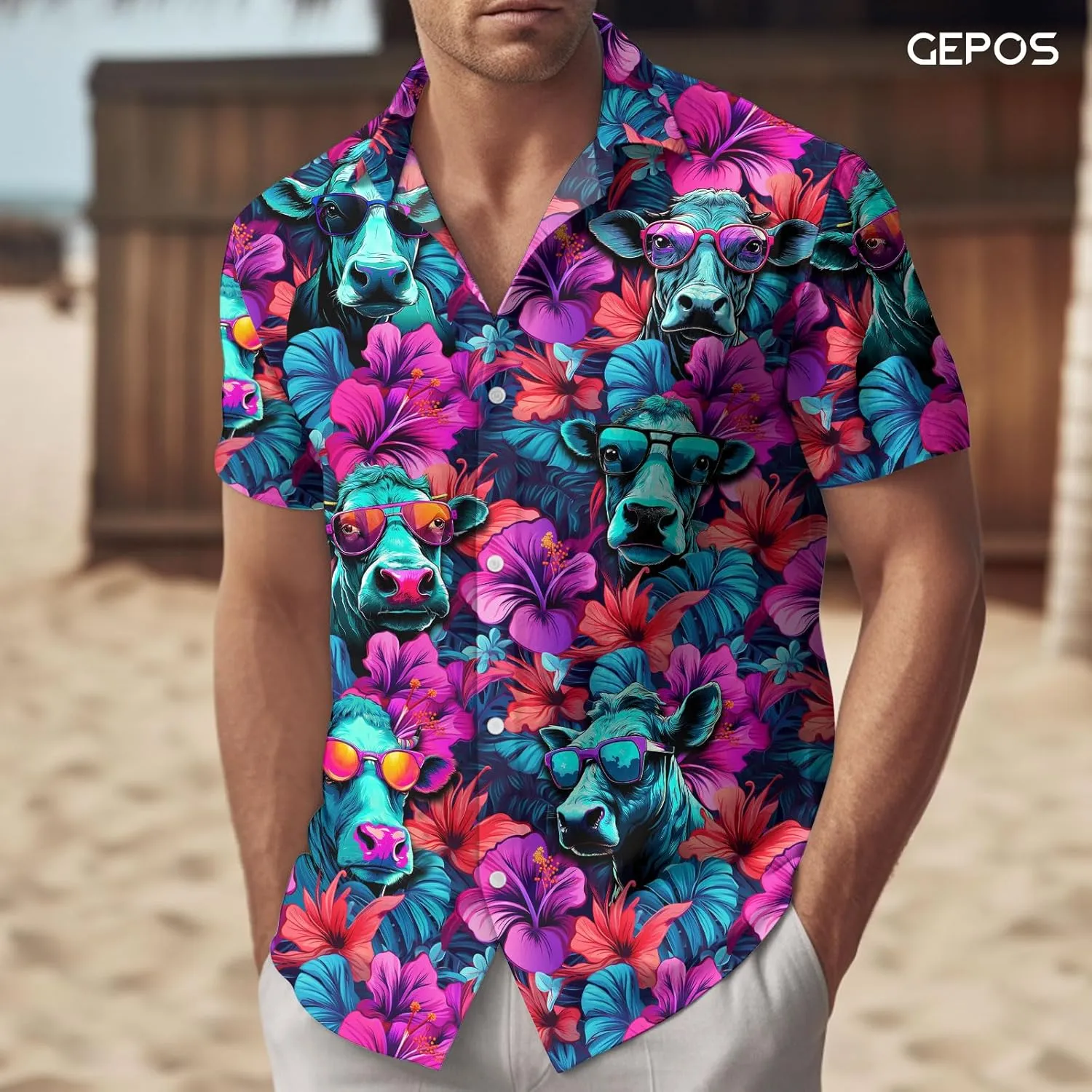 Farm Animal Print Short Sleeve Hawaiian Shirt, Funny Pattern Casual Button Shirt, Summer Shirt, Birthday Gifts