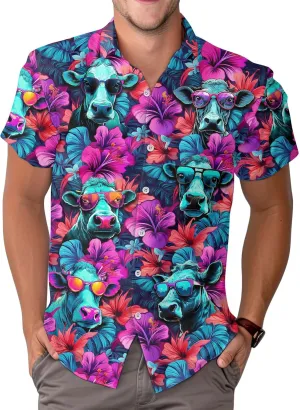 Farm Animal Print Short Sleeve Hawaiian Shirt, Funny Pattern Casual Button Shirt, Summer Shirt, Birthday Gifts