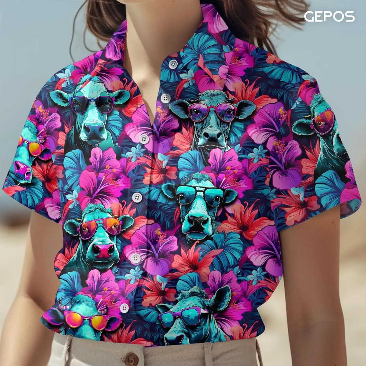 Farm Animal Print Short Sleeve Hawaiian Shirt, Funny Pattern Casual Button Shirt, Summer Shirt, Birthday Gifts