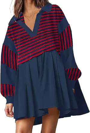 Women Sweatshirt Dress Patchwork Oversized Trendy Long Sleeve Lapel Color Block Pullover Dress 2024 Fall Short Dress
