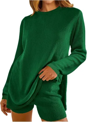 Womens 2 Piece Sweater Sets Long Sleeve Sweater Matching Short Pants Suit Plus Size Workout Sets Loungewear